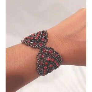 Beautiful Vintage Metal Hinged Cuff Bracelet with Red Stones